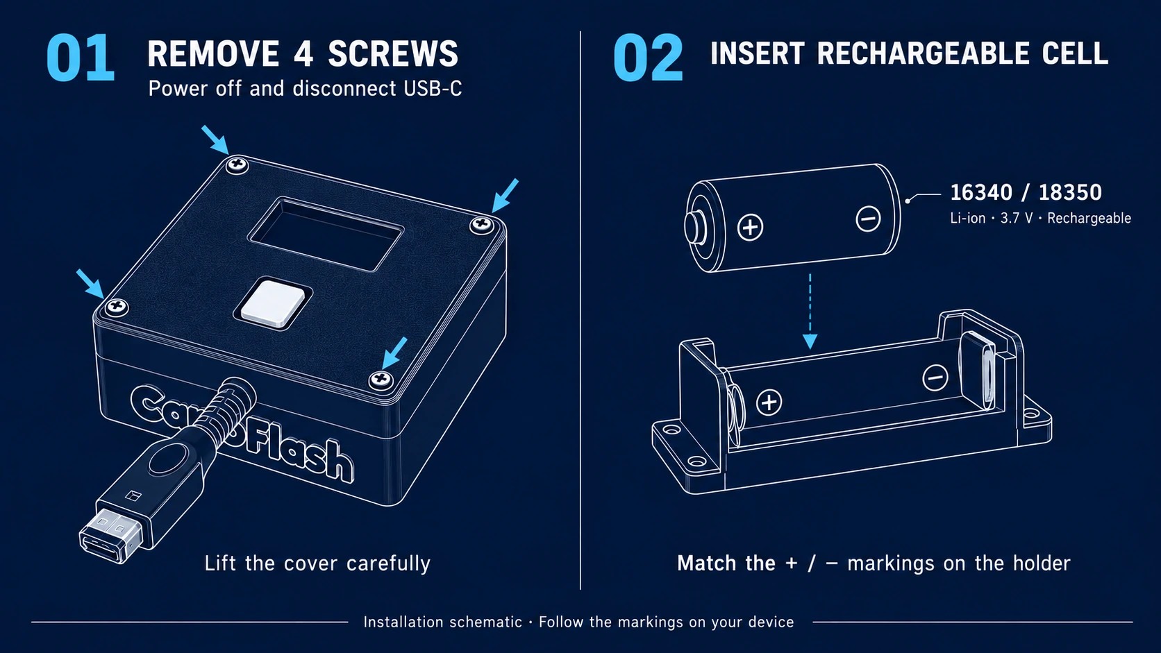 Installing a rechargeable 3.7 V Li-ion cell, 16340 or 18350: four lid screws and a schematic showing insertion according to the holder polarity markings