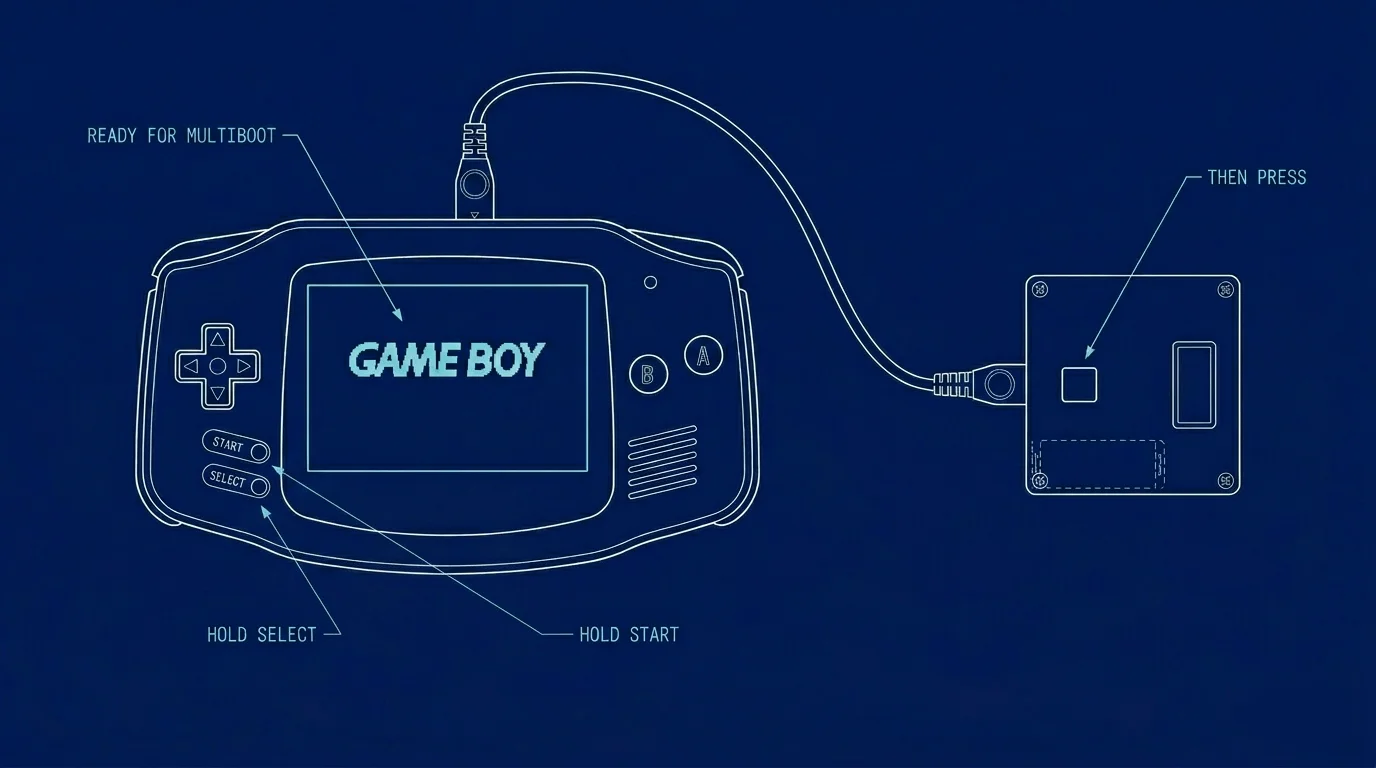 GBA connected to the CanoFlash dongle showing the steady Game Boy logo, ready to receive the Multiboot transfer